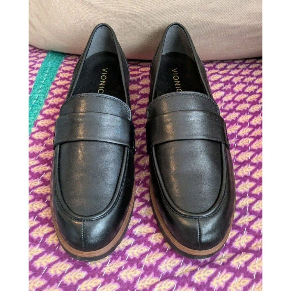 Vionic Black Leather Penny Loafers with Brown Trim - Picture 2 of 8